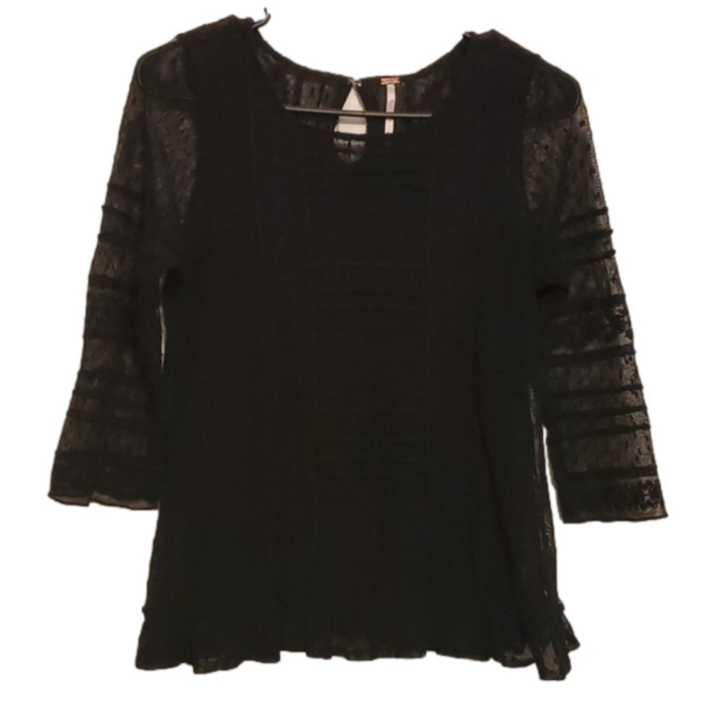Free People Black Mesh Lace 3/4 Sleeve Ruffle Hem Blouse Size Small